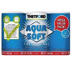 Thetford Aqua Soft toalettpapper, 6 rullar, blå/vit förpackning, "Mega Value Pack" och "The Original."